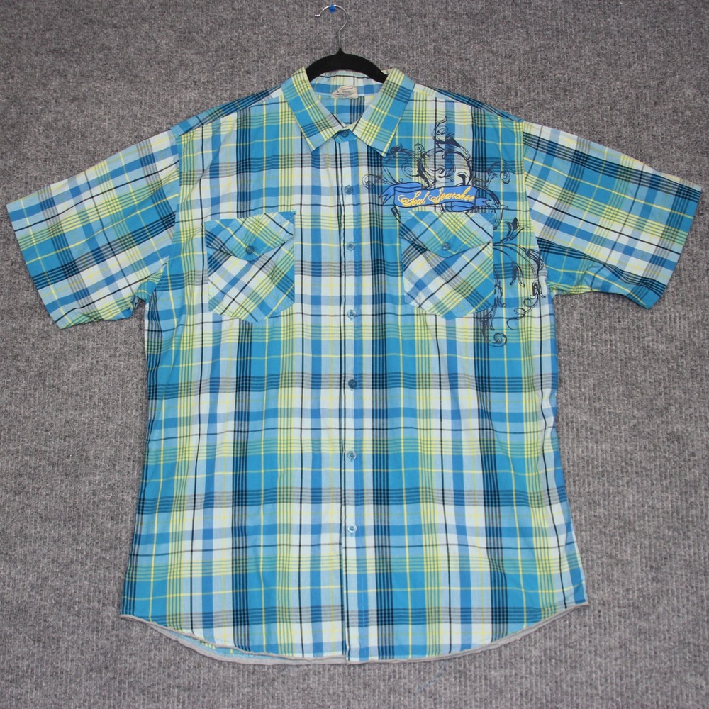 Y2K Raw Blue The Denim‎ Krvz Mens 2XL Plaid Shirt Redemption Embroidered Grunge